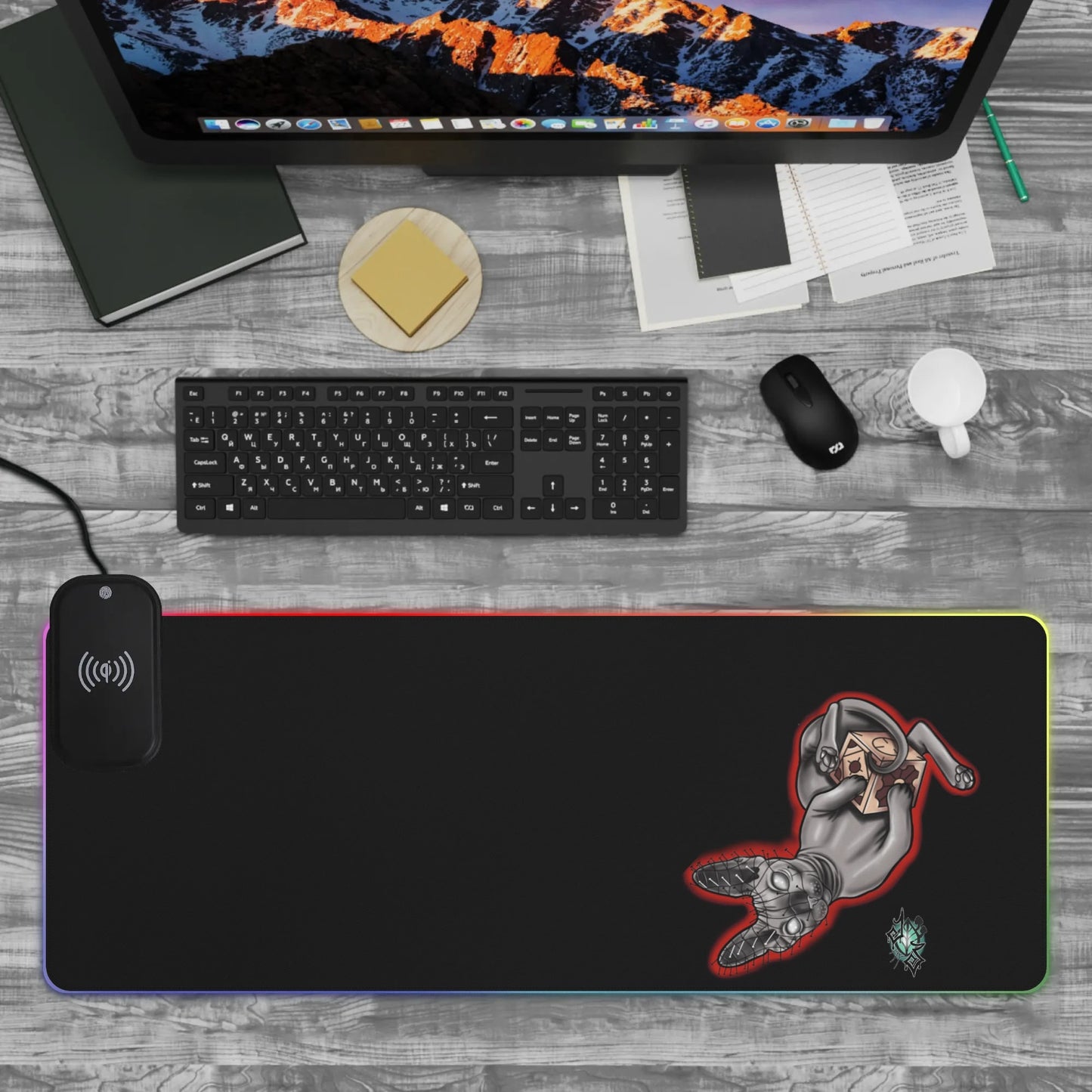 Acupuncture Cat - By Jade Zombie - Wireless Charging - RGB Desk Pad Gaming Led Mouse Pad